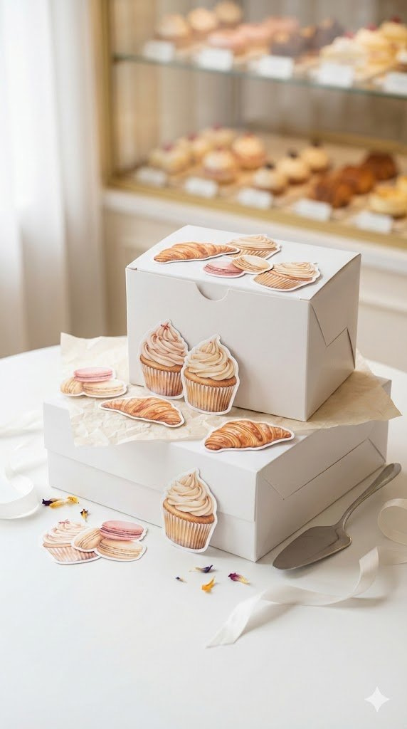 Realistic Bakery Stickers Depicting Cupcakes And Croissants On White Bakery Boxes With Pastry Server.