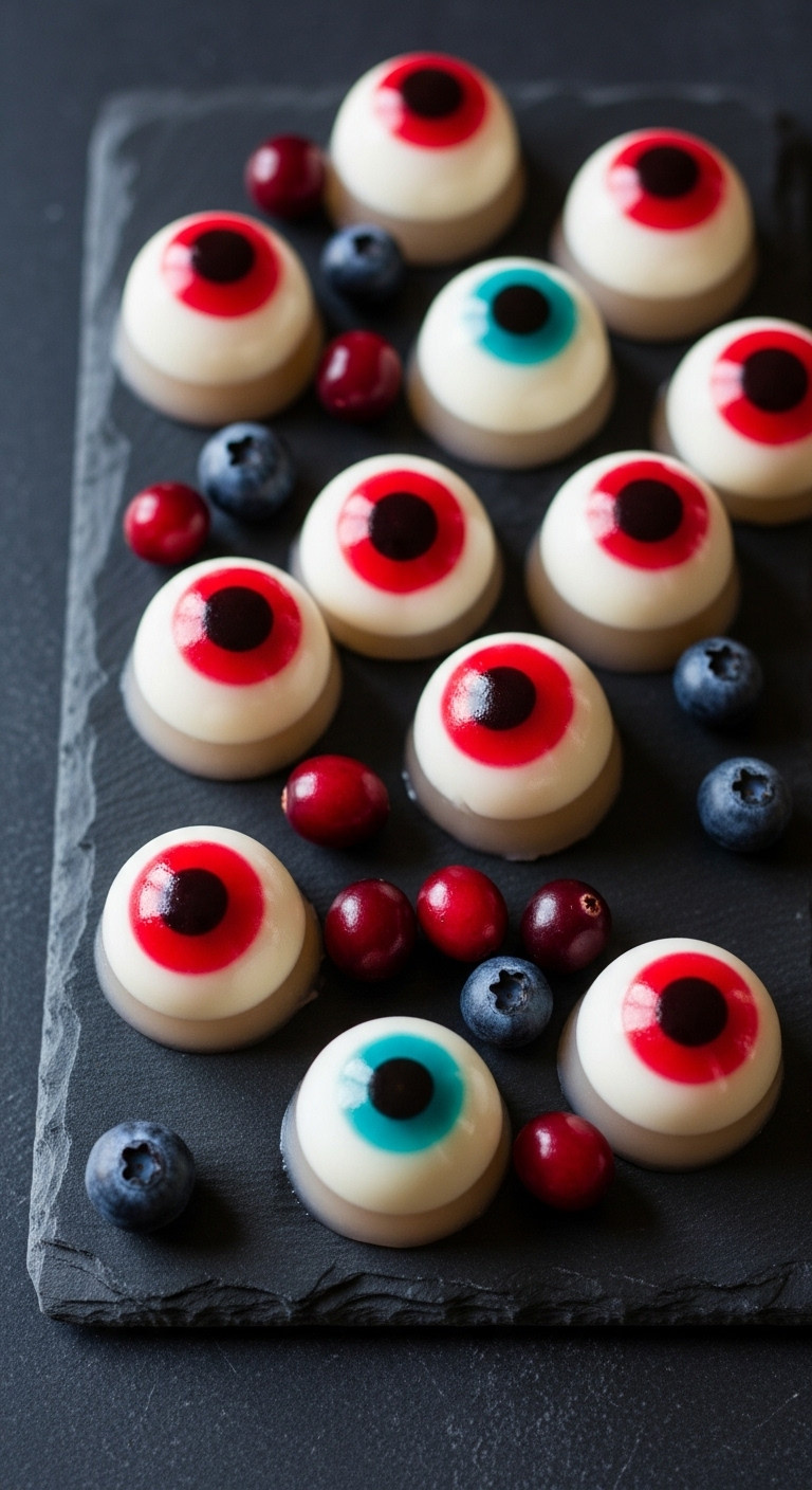 Realistic Gummy Eyeballs With Coconut Jelly Cranberry Iris And Blueberry Pupil On A Slate Surface Perfect For Halloween Recipes