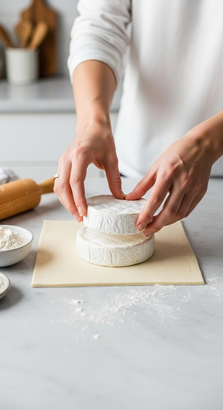 Recipe Prep: Round Brie Cheese Wheel On All-Butter Puff Pastry, Flour, Rolling Pin On A Minimalist Marble Kitchen Counter.