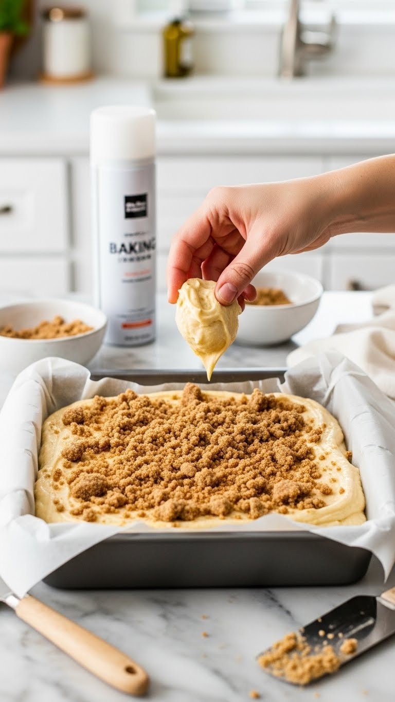 Rectangular Baking Pan With Smooth Zucchini Cake Batter Layer Topped Generously With Cinnamon Streusel Crumbs