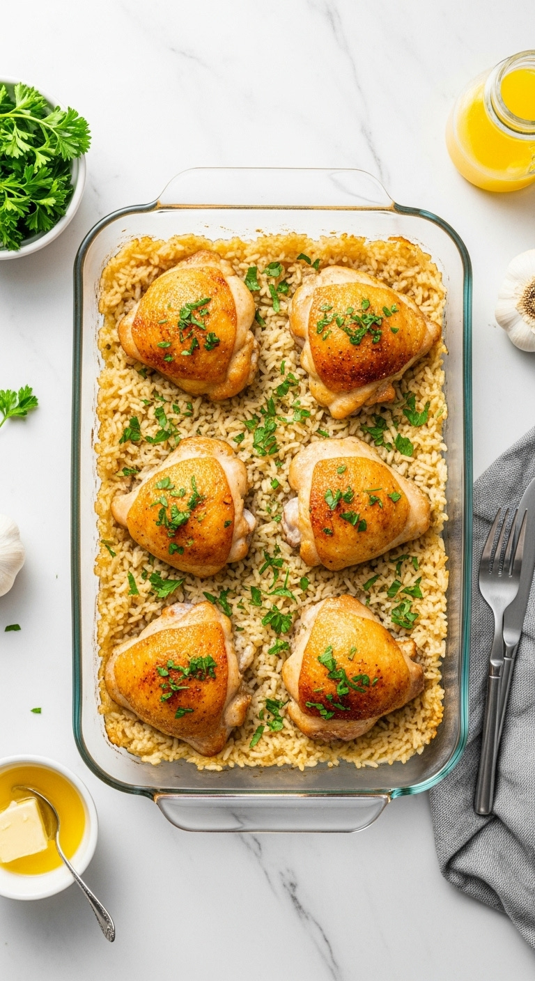 Rectangular Glass Baking Dish With Golden Brown Chicken Thighs On Fluffy Butter Infused Rice Garnished With Fresh Parsley