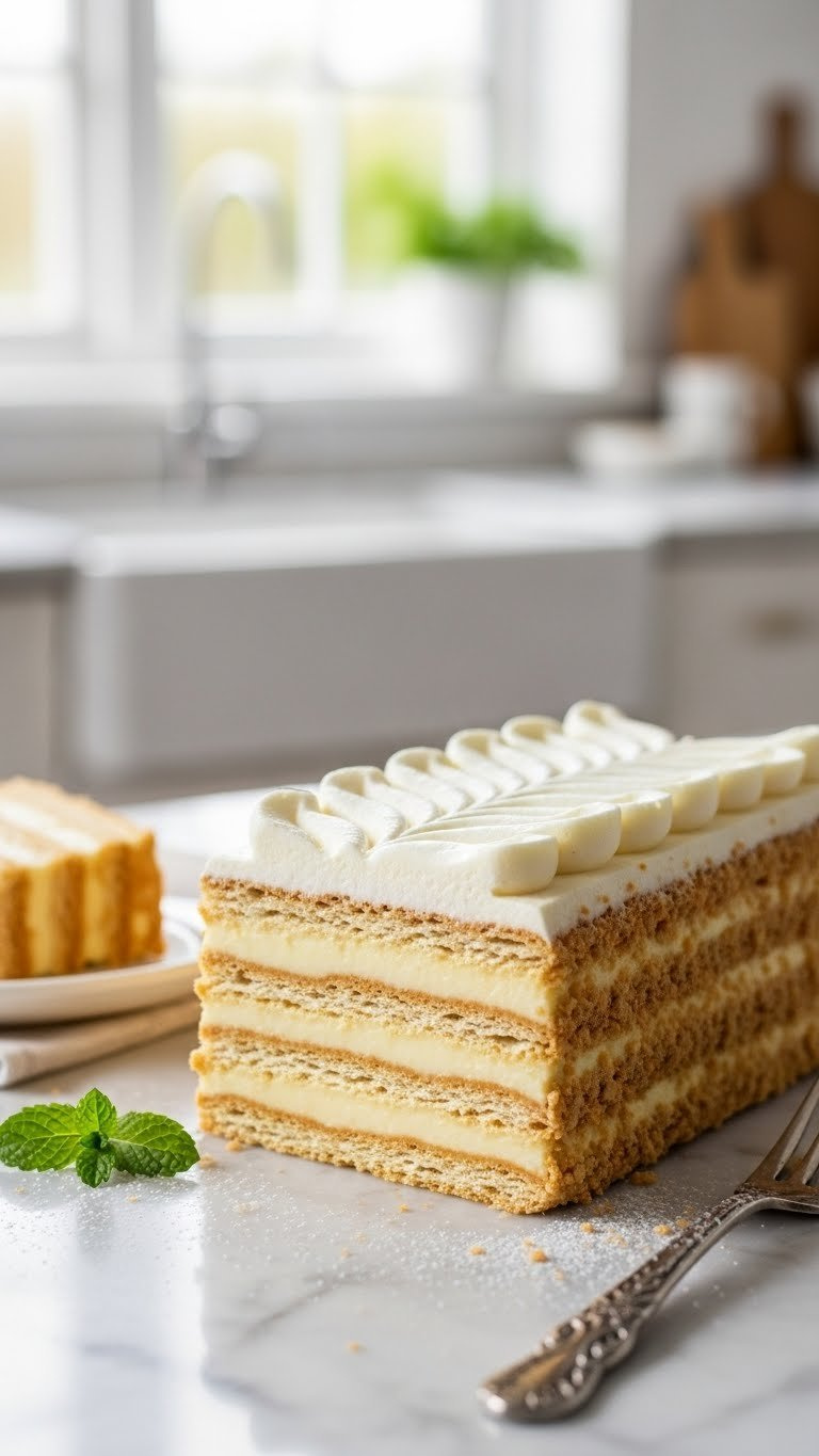 Rectangular Mille Feuille Cake With Crisp Pastry Layers And Feathered Icing On Marble Countertop