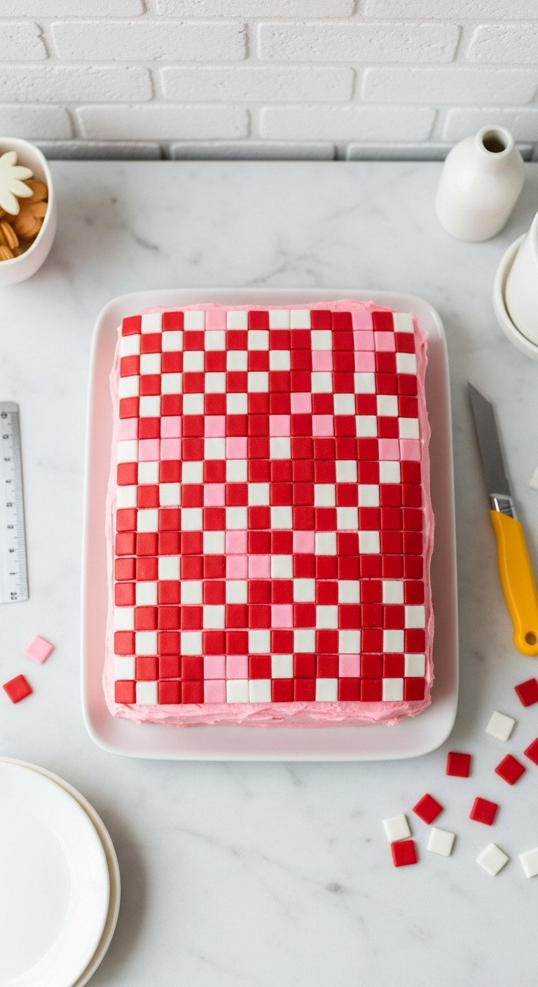 Rectangular Sheet Cake With Light Pink Frosting, Geometric Red And White Fondant Mosaic. Clean, Modern Design.