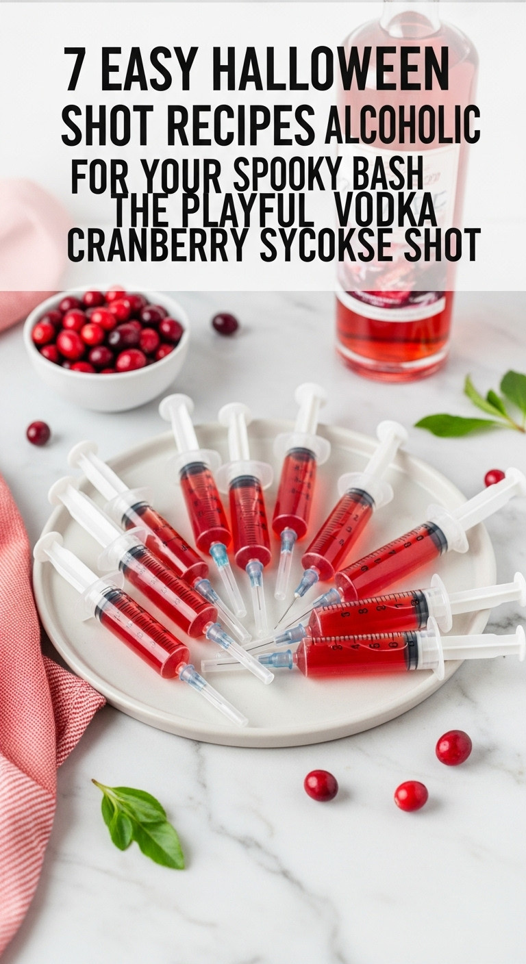 Red Vodka Cranberry Halloween Syringes On A White Marble Countertop With Cranberries And Vodka Bottle