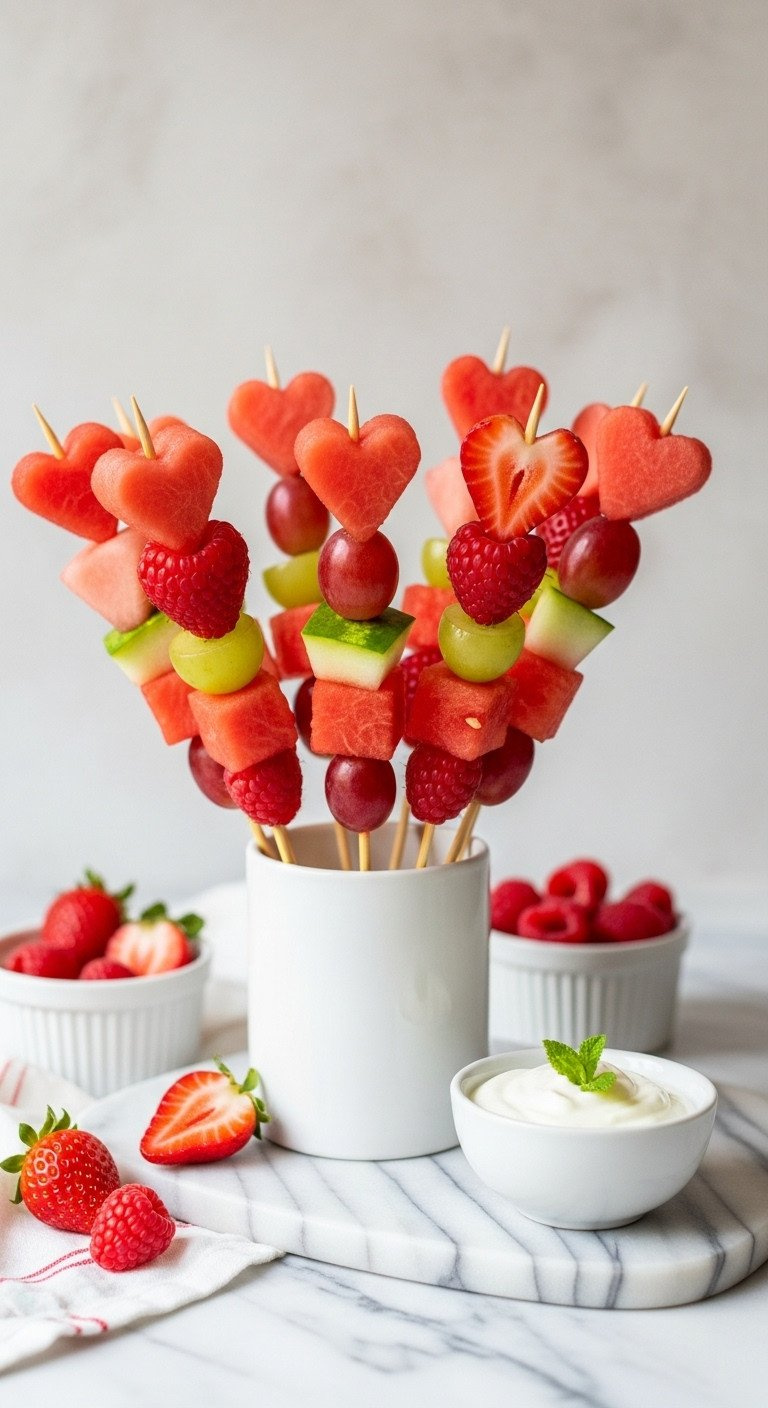 Red And Pink Heart-Shaped Fruit Skewers With Strawberries, Raspberries, Watermelon, Served With Yogurt Dip.