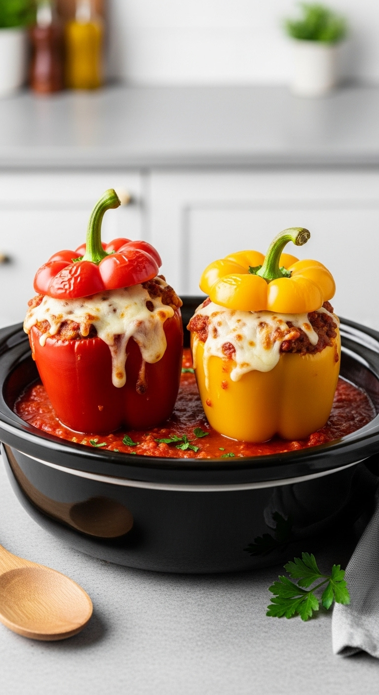 Red And Yellow Slow Cooker Stuffed Peppers With Melted Mozzarella Cheese And Marinara Sauce In A Crockpot On A Counter