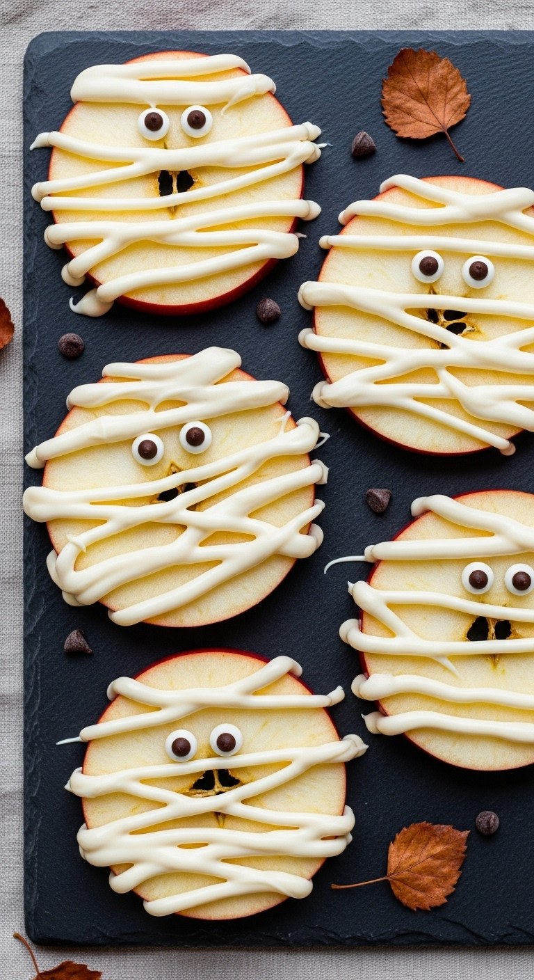 Red Apple Slices Decorated As Mummies With White Chocolate Bandages And Chocolate Chip Eyes On Dark Slate. Creative Halloween Snack.