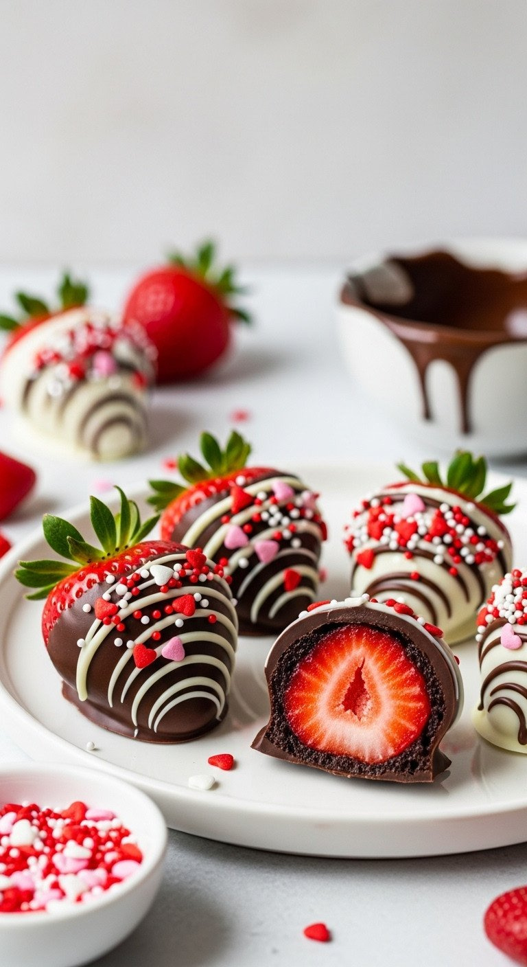 Red Chocolate-Covered Strawberry Bites With Dark And White Chocolate And Colorful Valentine Sprinkles On A White Platter.