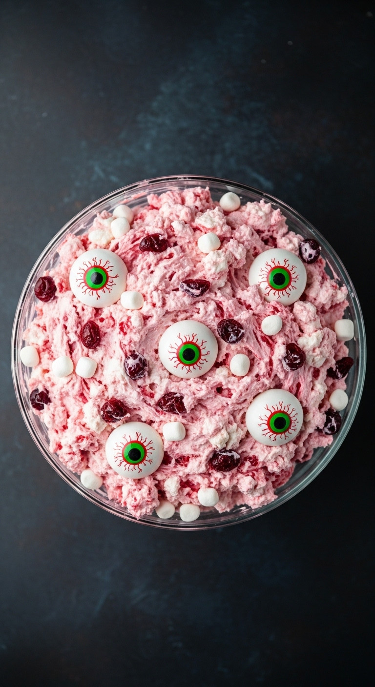 Red Eye Fluff Salad With Marbled White And Red Texture Mini Marshmallows And Large Candy Eyeballs In A Glass Bowl