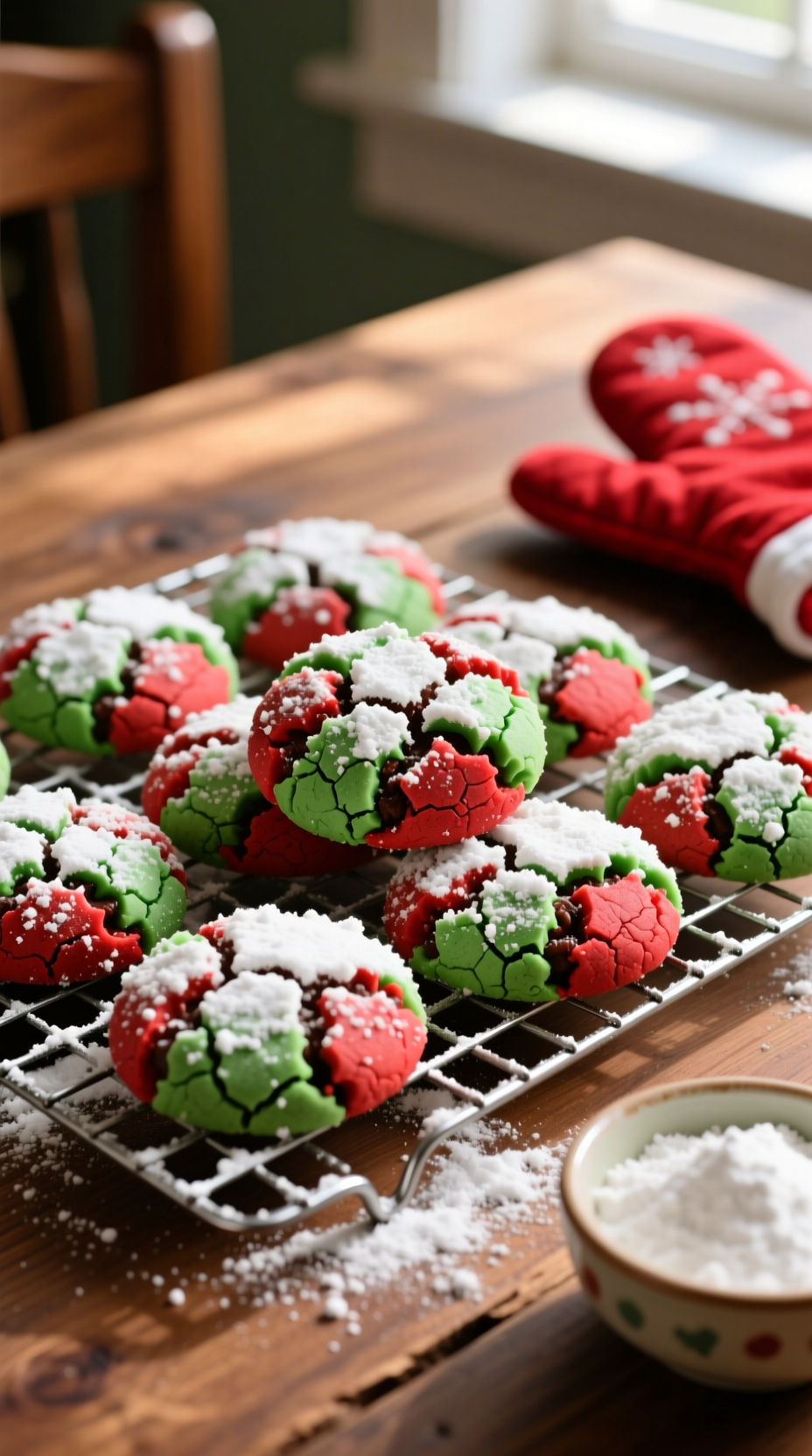 Red &Amp; Green Cake Mix Crinkle Cookies With Powdered Sugar, Crackle Effect On Cooling Rack, Festive Holiday Treat.