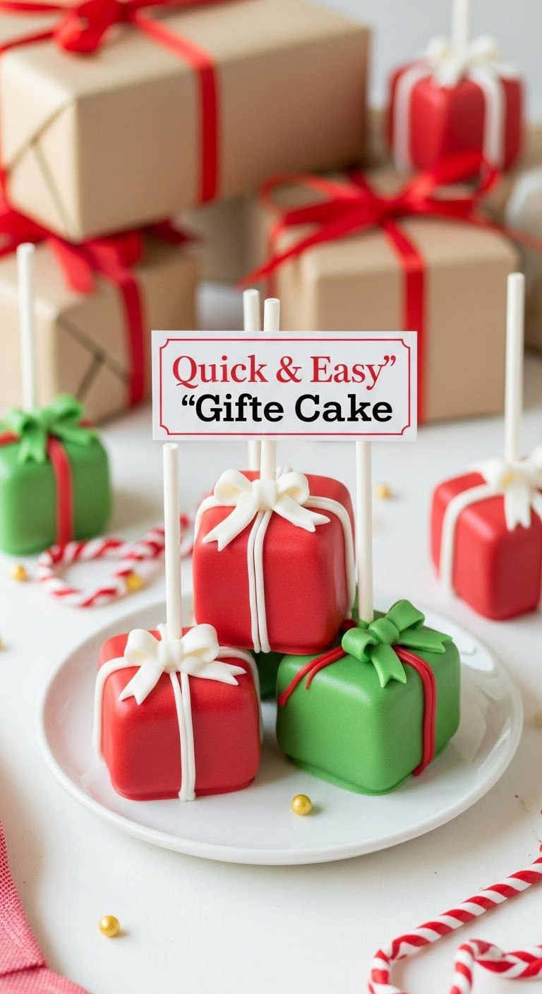 Red &Amp; Green Gift Box Cake Pops With Ribbon Patterns, Edible Bows, Gold Sugar Pearls On A White Table, Holiday Gifts.