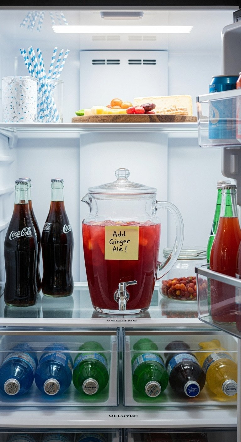 Red Punch Base In A Covered Glass Pitcher Inside An Organized Refrigerator Packed With Other Party Items For Entertaining.