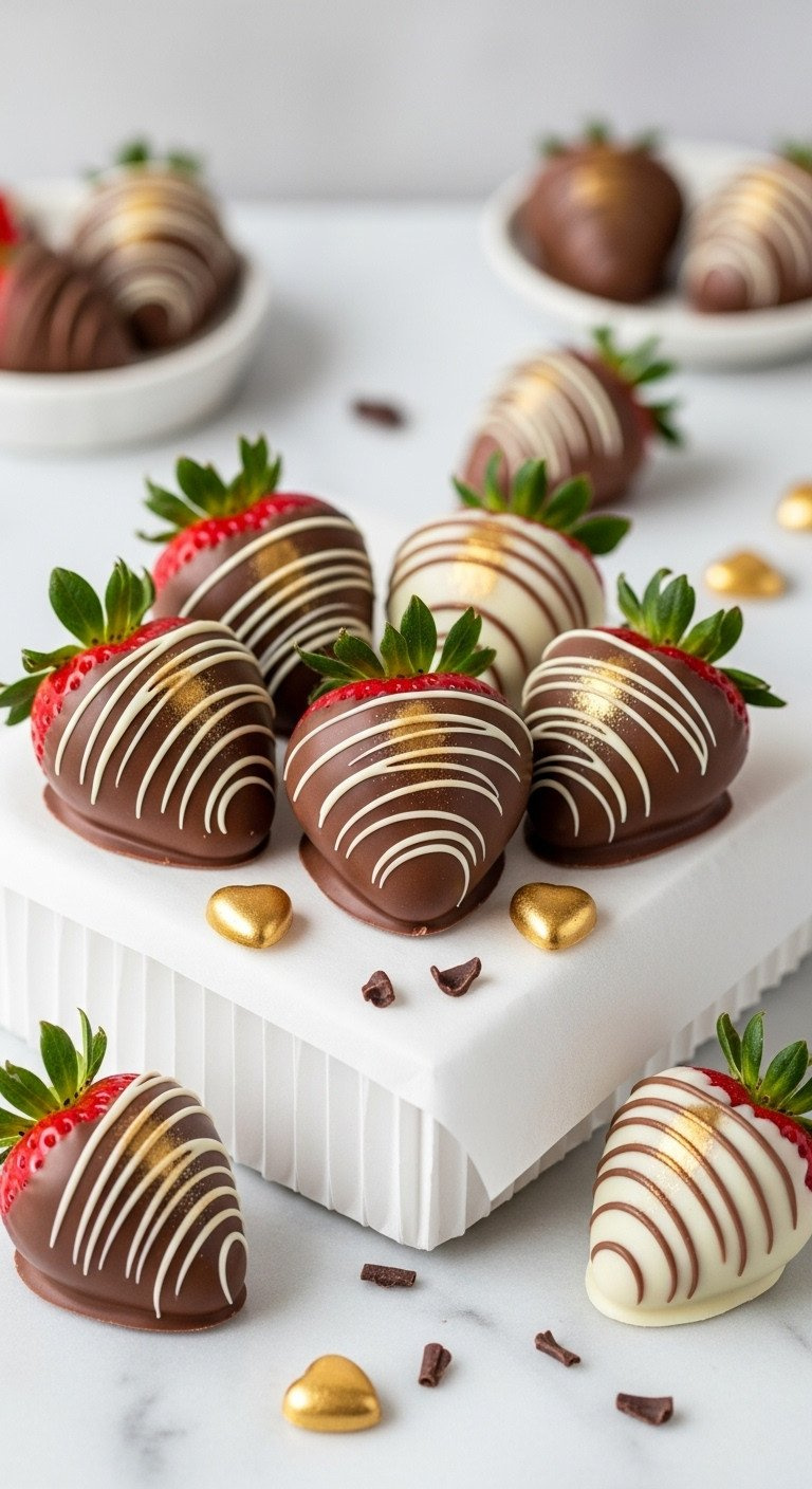 Red Strawberries, Half-Dipped In Milk And White Chocolate, With Gold Dust, In A White Box On Marble. Elegant Gourmet Valentine's Dessert.