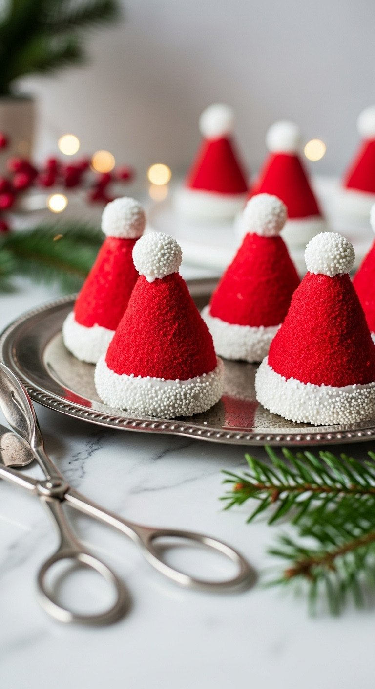 Red Velvet Santa Hat Cake Pops On A Silver Platter With White Candy Melt Brim, Pom Pom, Pine Sprigs On Marble.