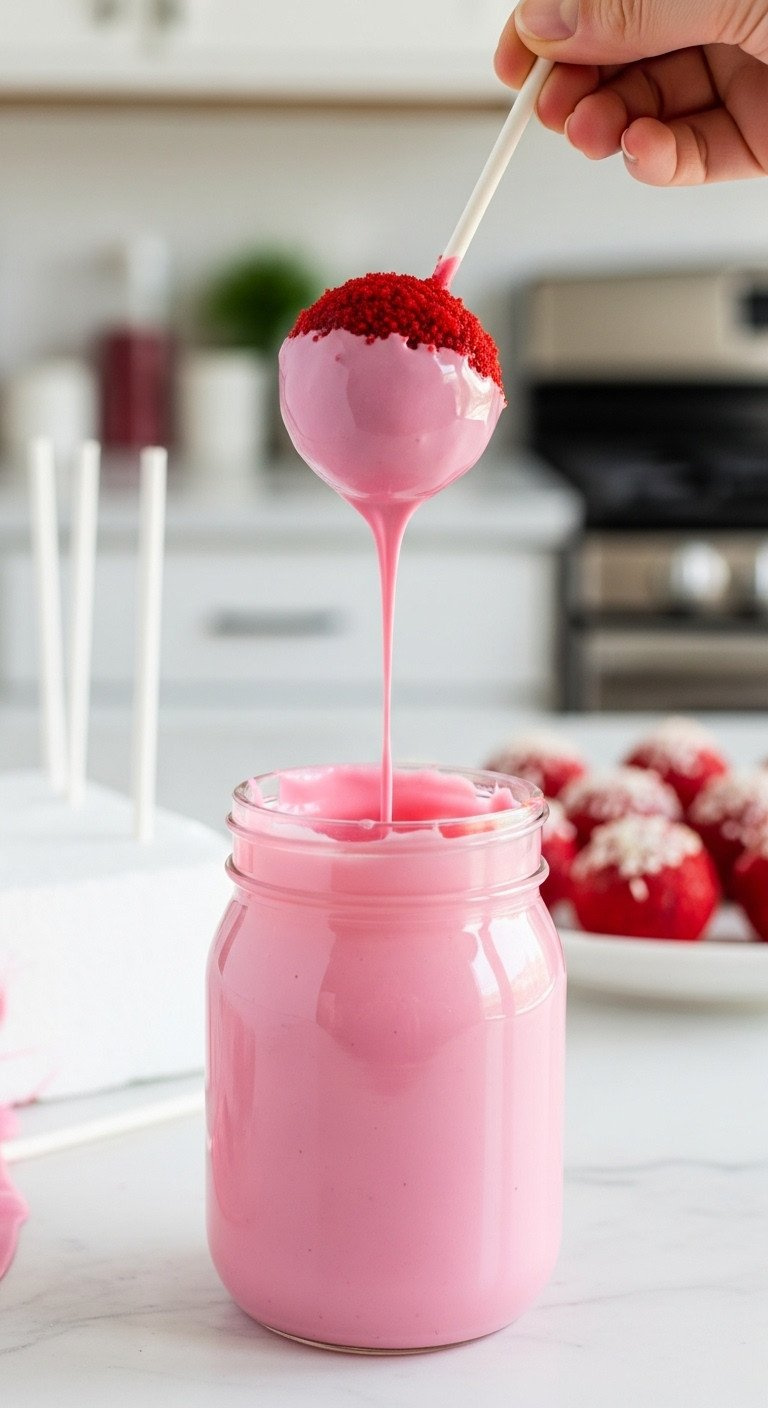 Red Velvet Cake Pop Being Dipped Into Melted Pink Candy Coating, With Excess Dripping, For A Smooth, Vibrant Dessert Finish.