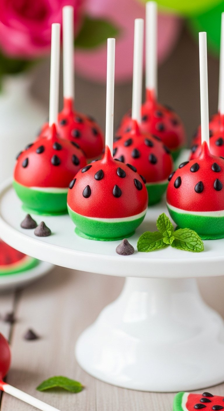 Red Velvet Cake Pops Dipped In Vibrant Red Candy With Chocolate Seeds On A White Stand.