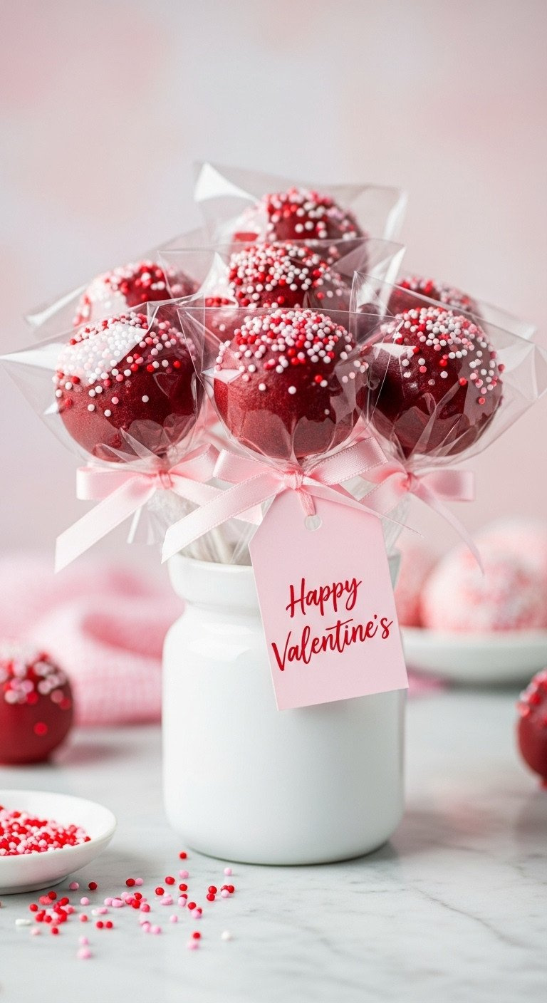 Red Velvet Cake Pops, Tied With Pink Ribbons, In A White Vase On Marble With Scattered Sprinkles. Cozy Valentine's Day Dessert.