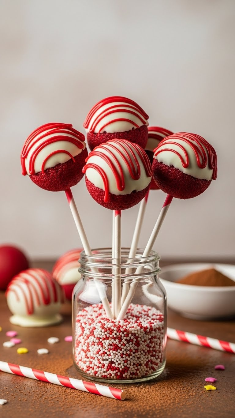 Red Velvet Cake Pops With White Chocolate Coating, Red Drizzle, In A Sprinkle Jar With Straws. Festive Dessert Treats.