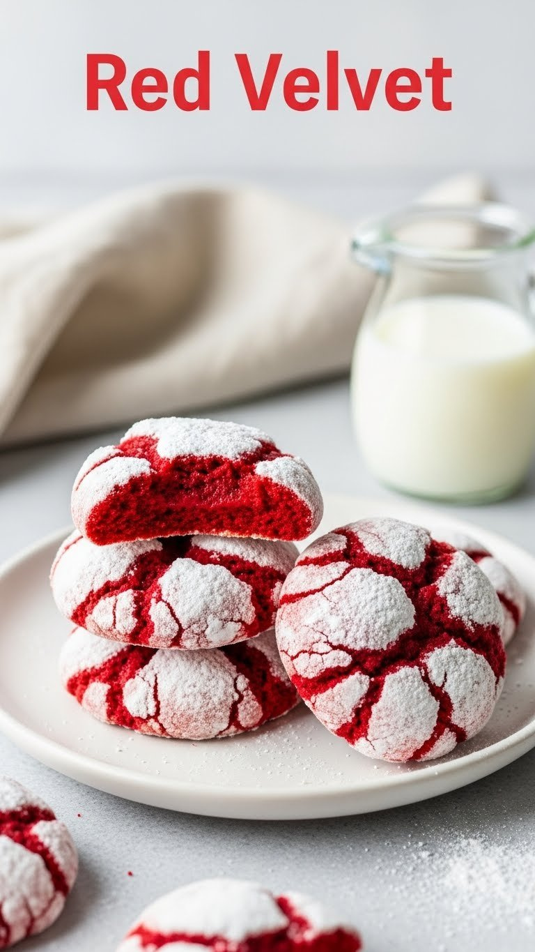 Red Velvet Crinkle Cookies, Vibrant Red With Crackled Powdered Sugar, Stacked On A White Plate With Milk. Fresh Dessert.