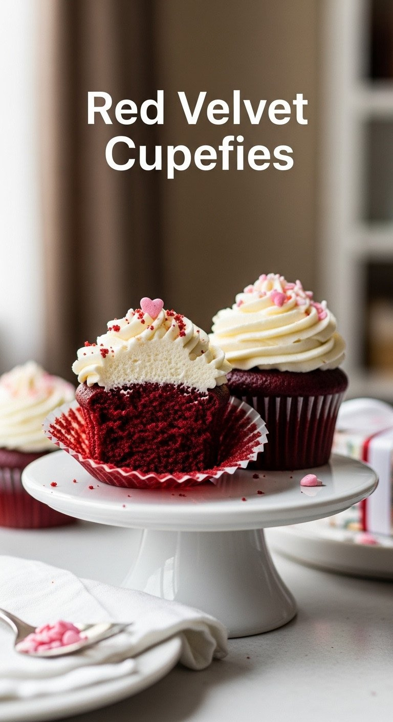 Red Velvet Cupcakes With Cream Cheese Frosting &Amp; Heart Sprinkle On A White Stand. Elegant Homemade Dessert, Perfect For Gifting.