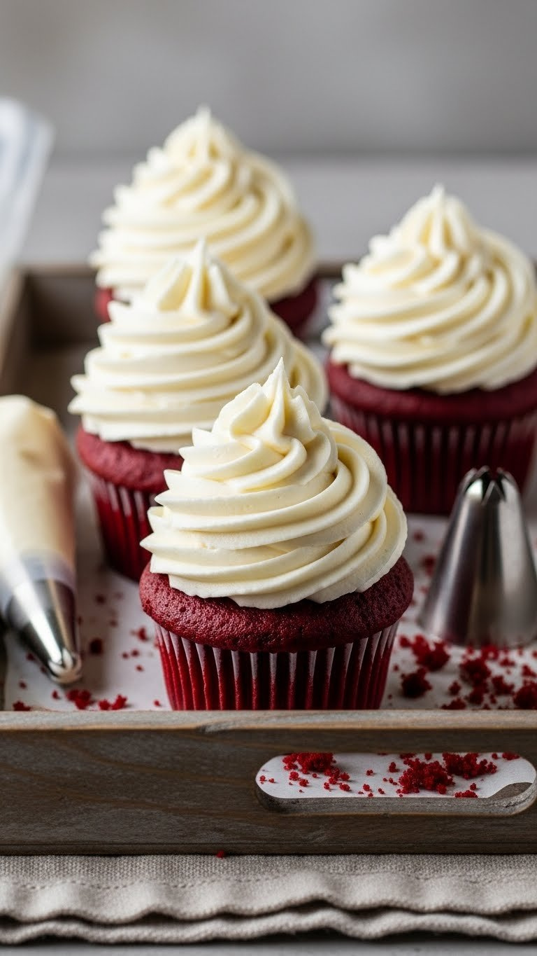 Red Velvet Cupcakes With Tall Cream Cheese Frosting Swirls On A Vintage Wooden Tray With Crumbs. Cozy Dessert.