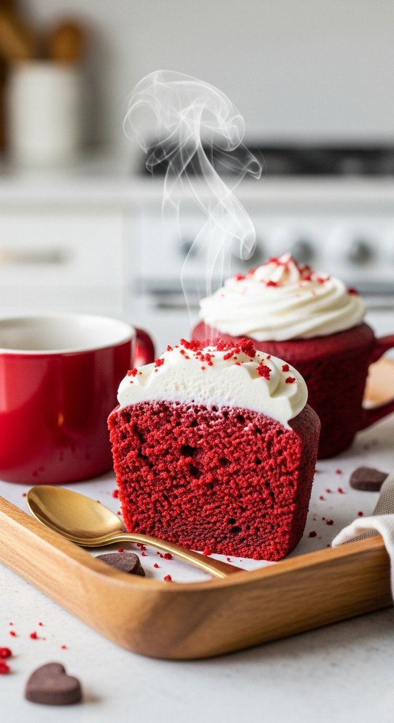 Red Velvet Mug Cakes: One Sliced, One With Greek Yogurt Frosting, Showing Moist Texture, On A Wooden Tray For Quick Treat.