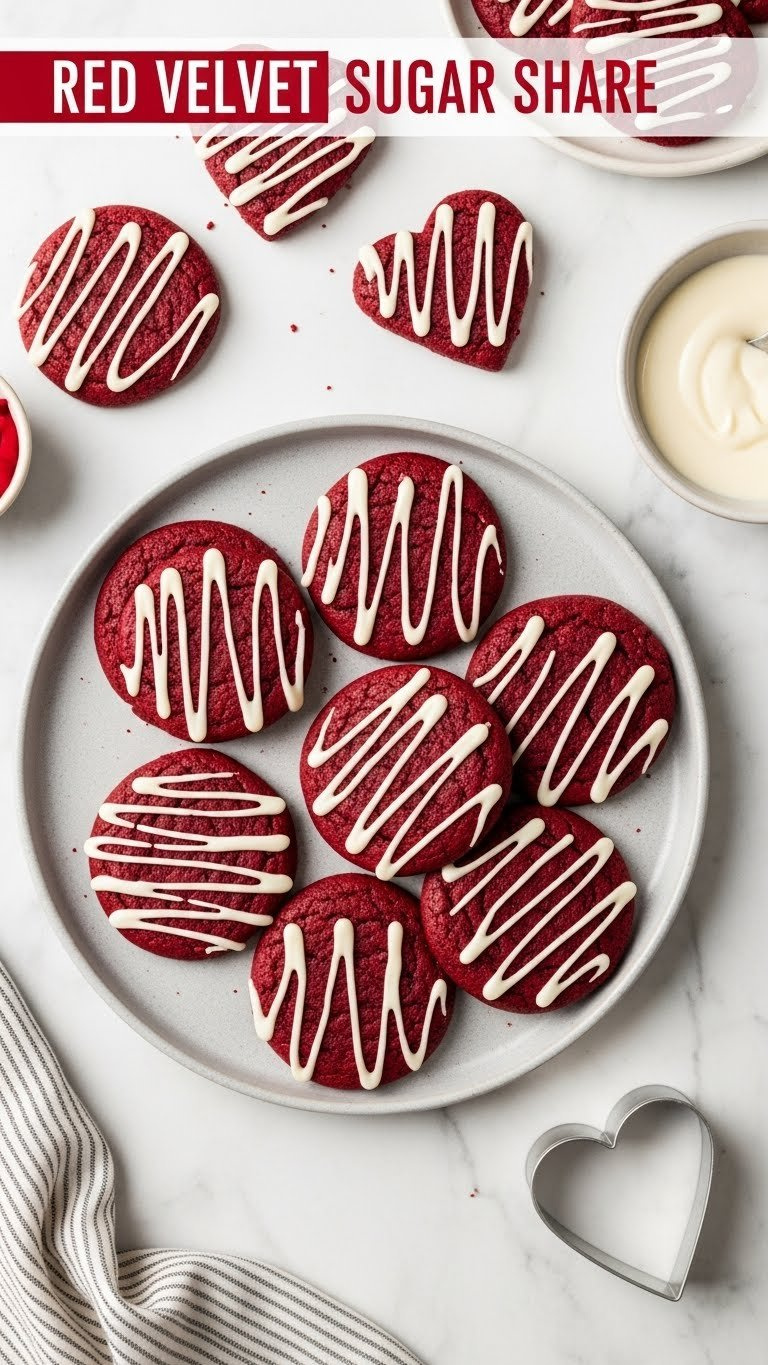 Red Velvet Sugar Cookies With White Icing Drizzle On A Gray Plate &Amp; Marble. Chewy, Fresh Heart-Shaped Dessert.