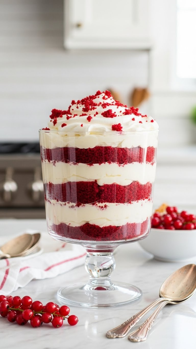 Red Velvet Trifle In A Clear Glass Bowl, Showcasing Red Cake Layers, Creamy White Filling, Whipped Cream, And Berries.