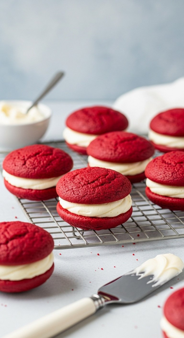 Red Velvet Whoopie Pies With Creamy White Cream Cheese Frosting On A Cooling Rack; Perfect Sweetheart Baking Dessert.