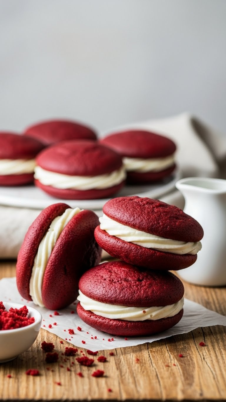 Red Velvet Whoopie Pies With Creamy White Filling, On A Rustic Wooden Table With Crumbs. Cozy Dessert Treats.