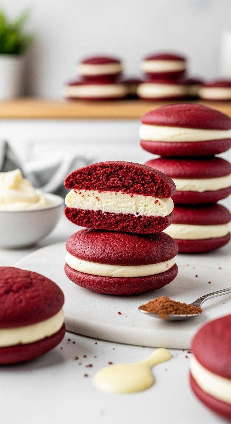 Red Velvet Whoopie Pies With Thick Cream Cheese Filling, Vibrant Red And Creamy White. Bright, Classic Homemade Dessert.