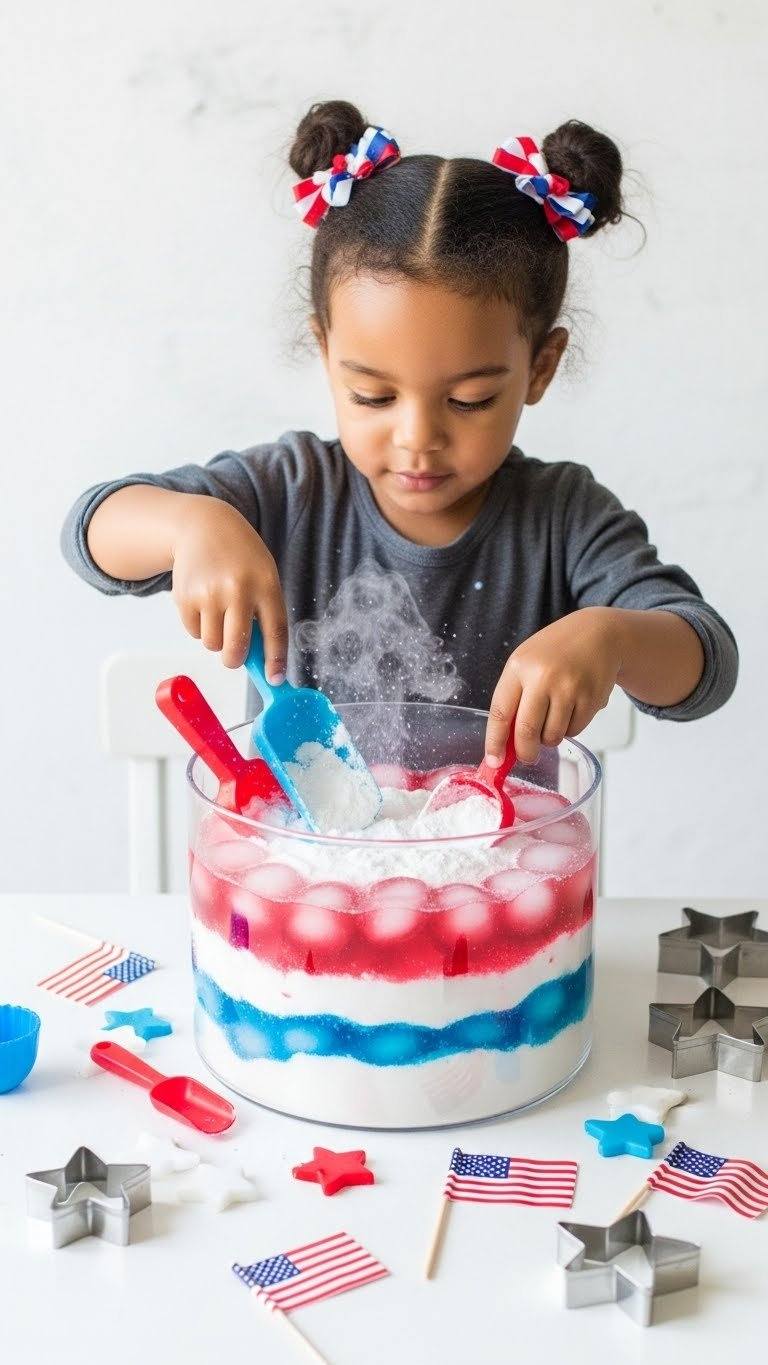 Red White Blue Sensory Bin With Baking Soda And Colored Vinegar Ice Cubes Fizzing With Patriotic Toys
