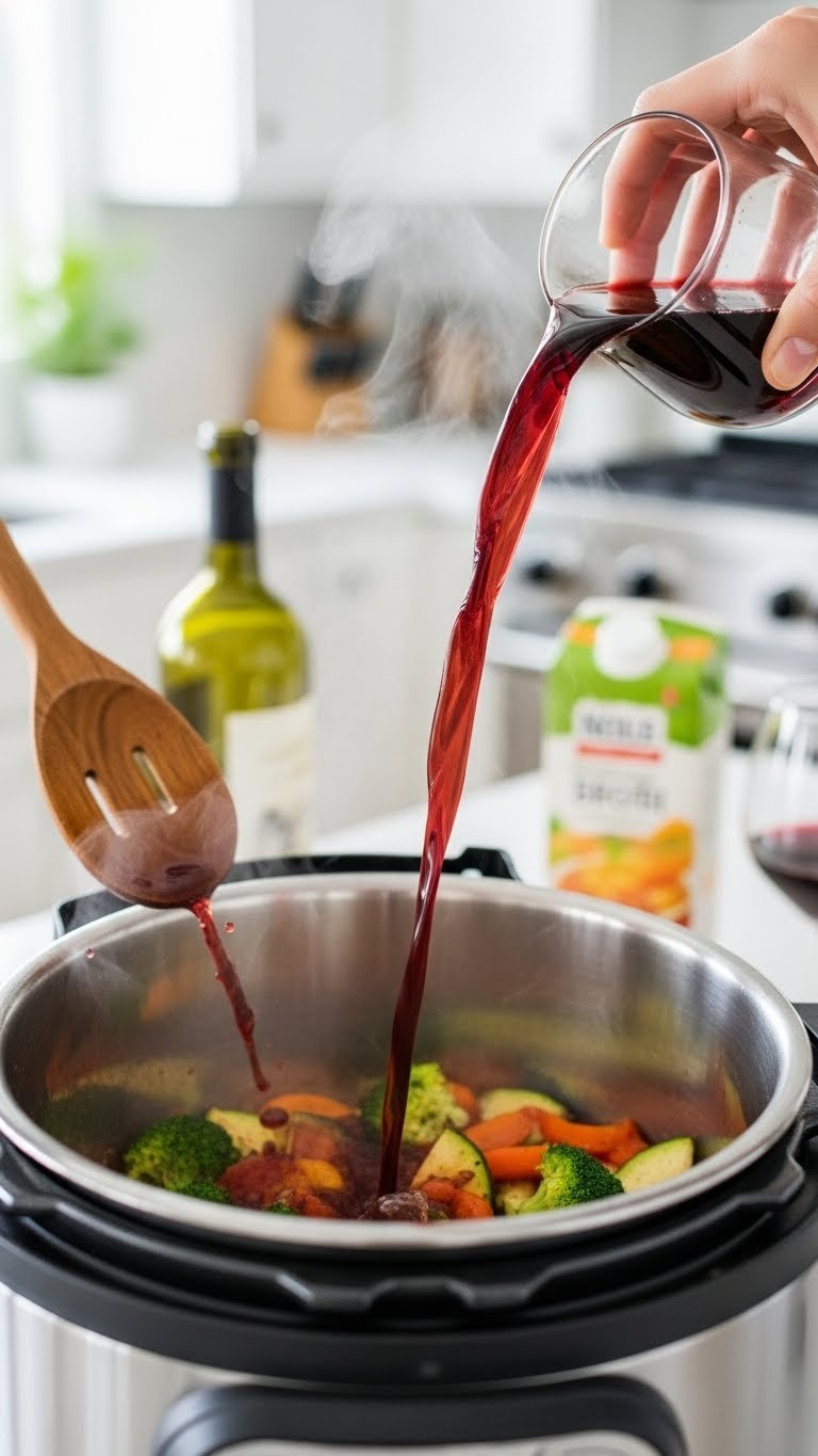 Red Wine Or Chicken Broth Pouring Into A Hot Instant Pot, Deglazing Sautéed Vegetables And Creating Steam.