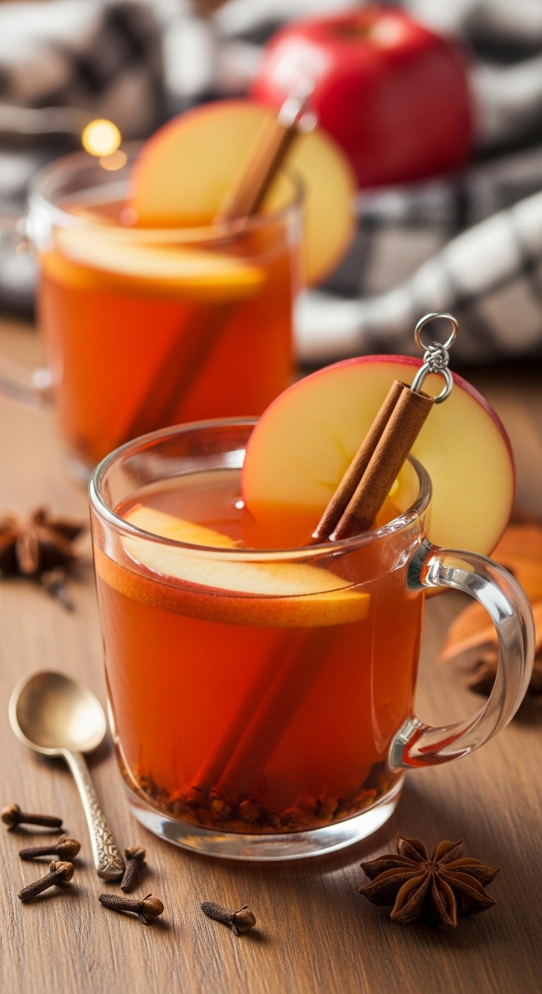 Reddish Orange Spiced Candy Apple Charm Loaded Tea With Apple Slice Cinnamon Stick And Fall Spices On A Wooden Table