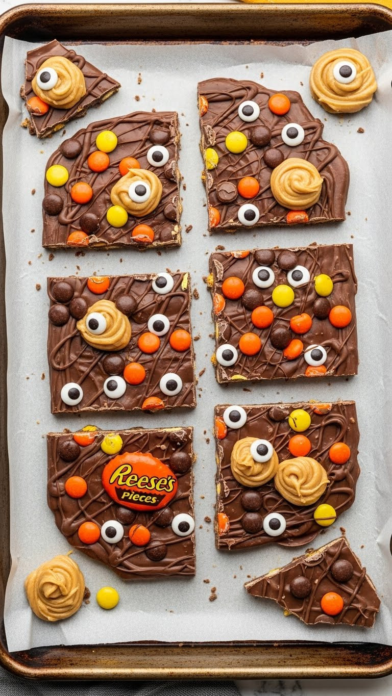Reeses Pieces Boo Bark On Parchment Lined Baking Sheet