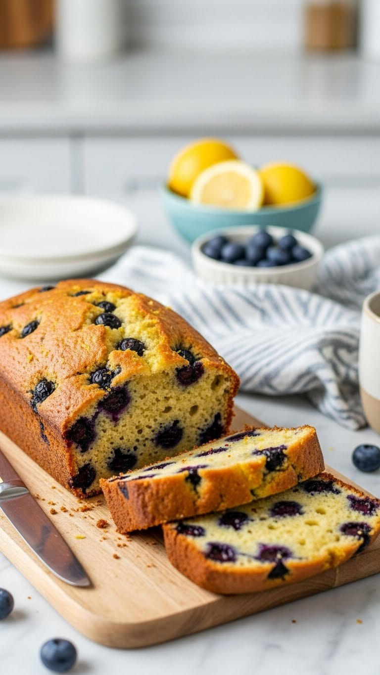 Refined Sugar-Free Blueberry Lemon Loaf Sliced To Show Moist Interior With Lemon Zest