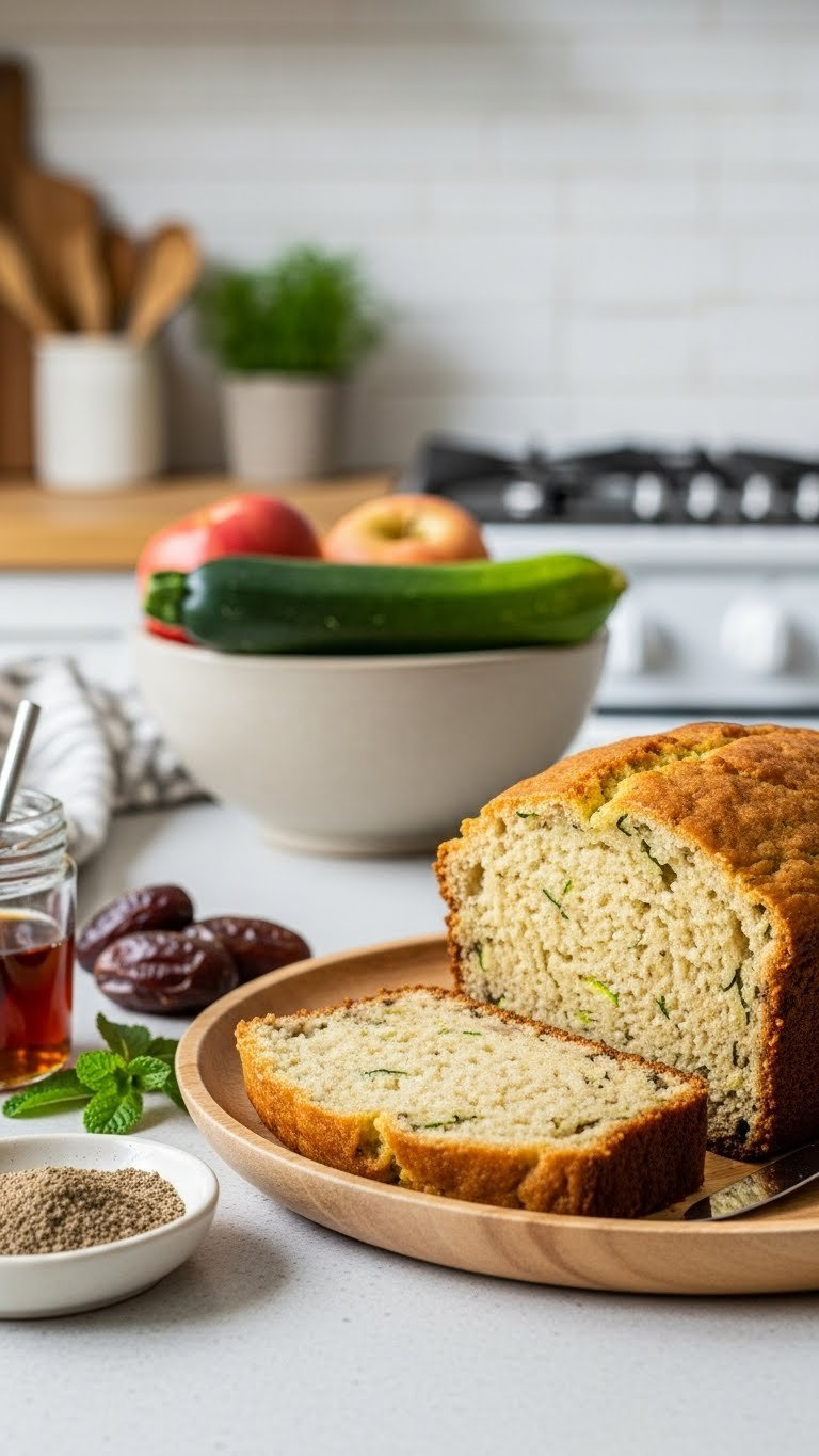 Refined Sugar-Free Sourdough Zucchini Bread Slice On Light Wooden Plate With Maple Syrup And Dates