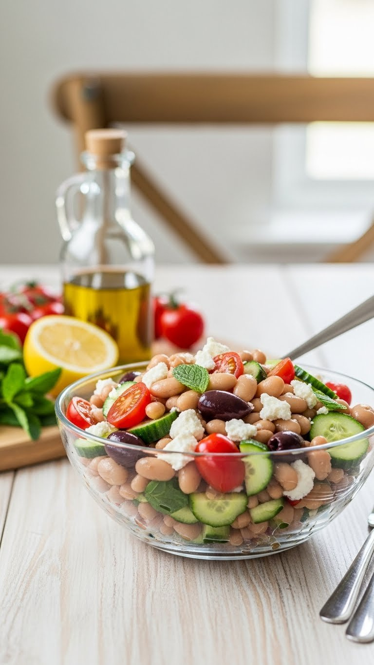 Refreshing Mediterranean Baked Bean Salad With Cucumber, Cherry Tomatoes, Olives, And Crumbled Feta