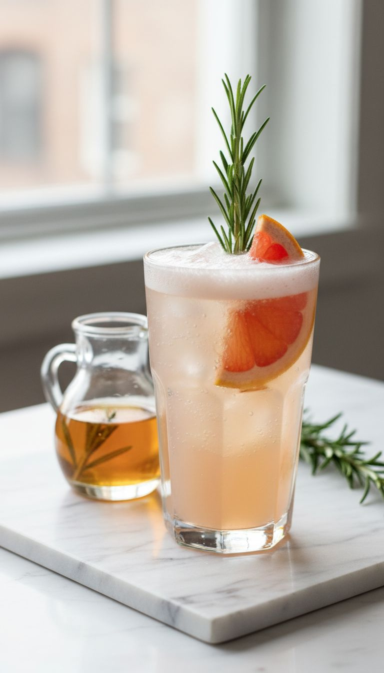 Refreshing Non-Alcoholic Rosemary Grapefruit Spritzer In A Tall Glass With Rosemary, Grapefruit Slice, And Ice On Marble.