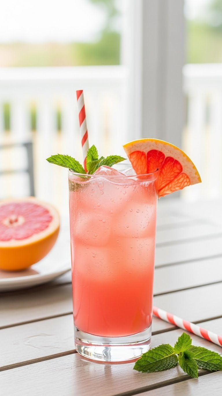 Refreshing Paloma Cocktail With Pink Hue And Grapefruit Wedge In Highball Glass On Light Wooden Table