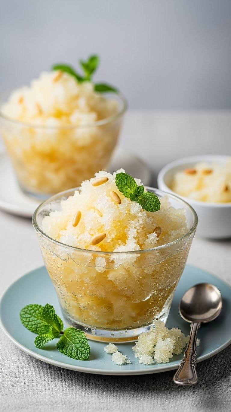 Refreshing Sikhye Granita, Korean Sweet Rice Punch, With Icy Crystals, Rice Grains, And Pine Nuts In A Chilled Glass Bowl.