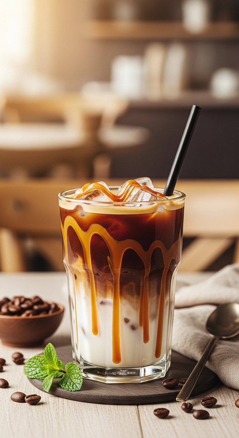 Refreshing Caramel Iced Coffee In A Clear Glass With Golden Syrup Drizzle And Ice Cubes.