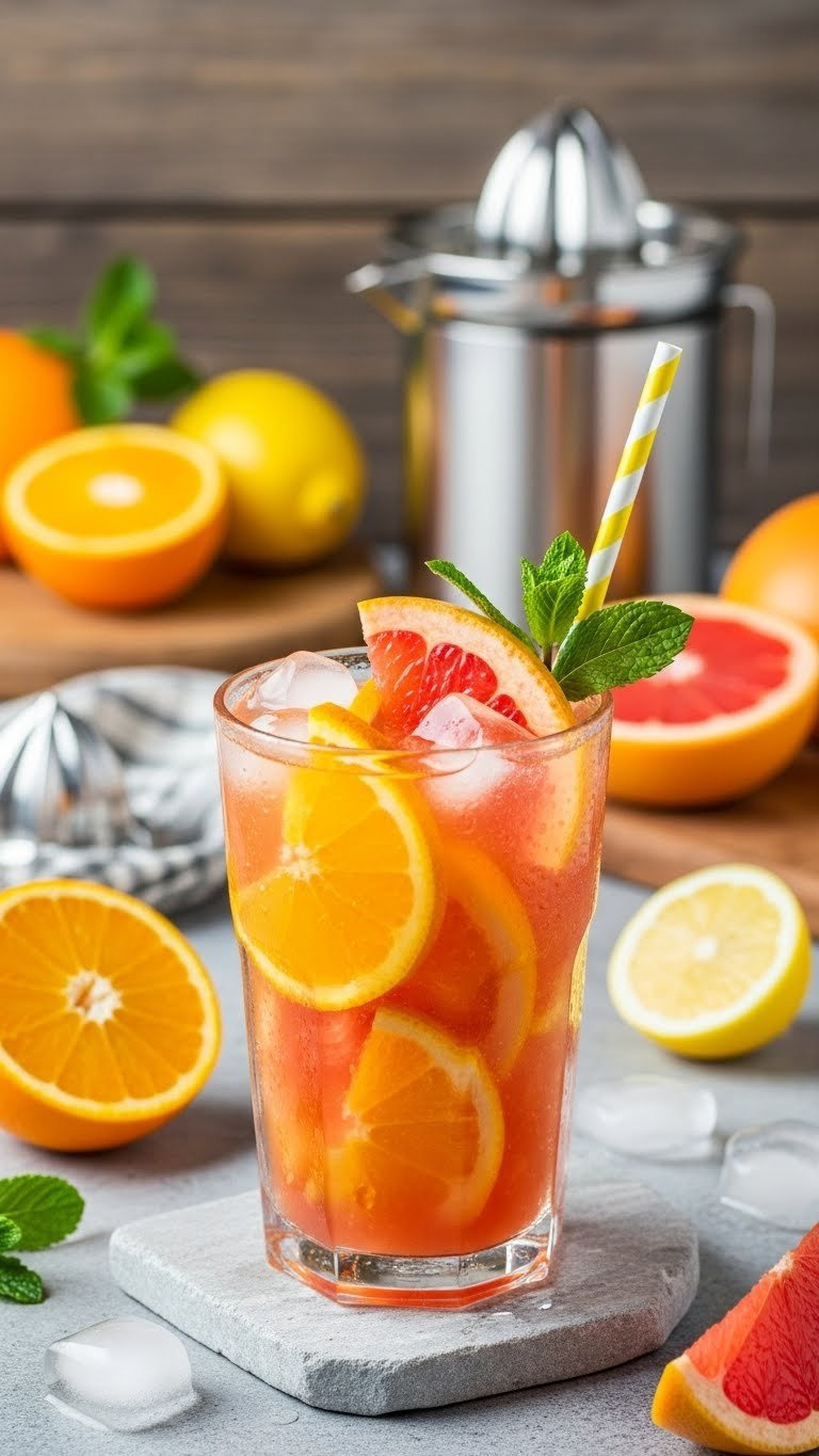 Refreshing Citrus Juice In Condensation-Beaded Glass With Orange Segments And Mint Garnish