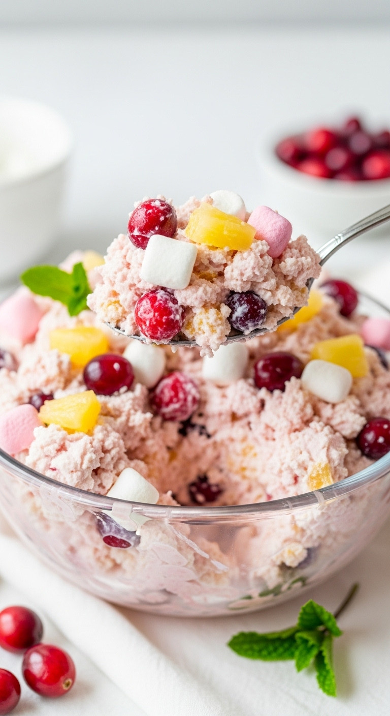 Refreshing Cranberry Fluff Salad Spoonful, Showing Fluffy Texture With Cranberries, Marshmallows, Pineapple In A Glass Bowl On White Table.