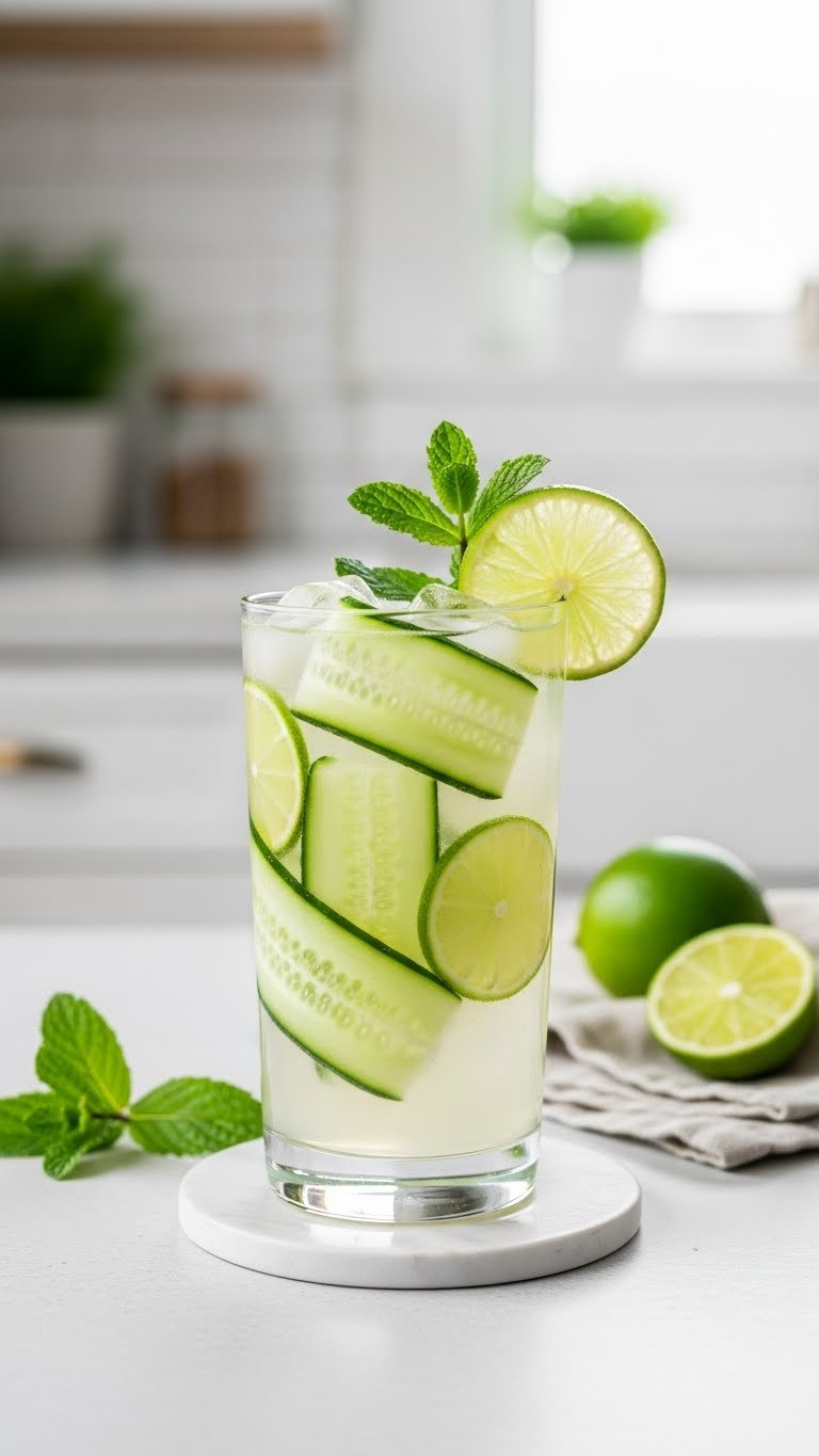 Refreshing Cucumber-Lime Zinger In Sleek Tall Glass With Cucumber Ribbons And Lime Slices On White Coaster