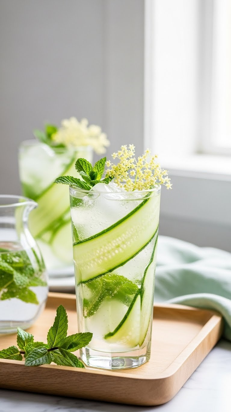Refreshing Cucumber Mint And Elderflower Spritzer In Collins Glass With Cucumber Ribbons And Mint Leaves On Light Wooden Tray