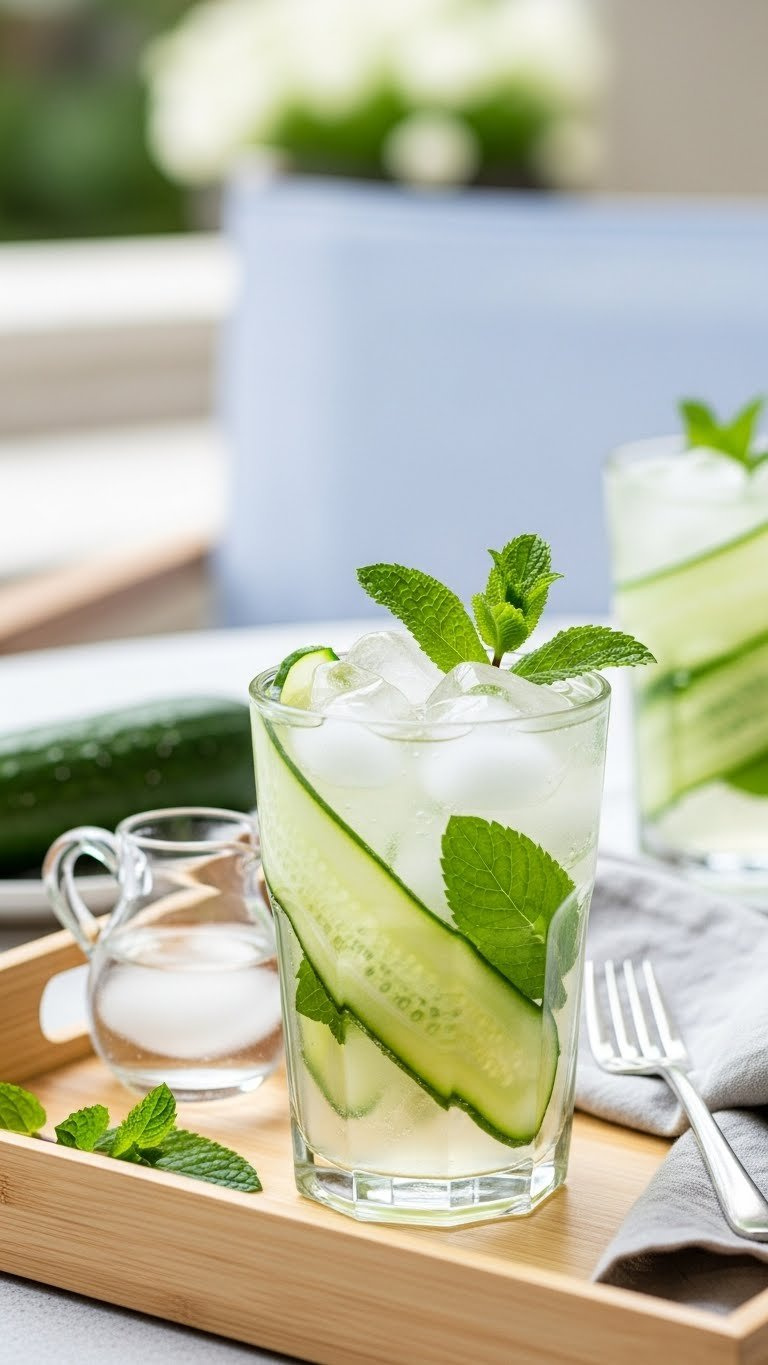 Refreshing Cucumber Mint Drink In Tall Glass With Cucumber Ribbons And Mint Leaves On Light Wooden Tray