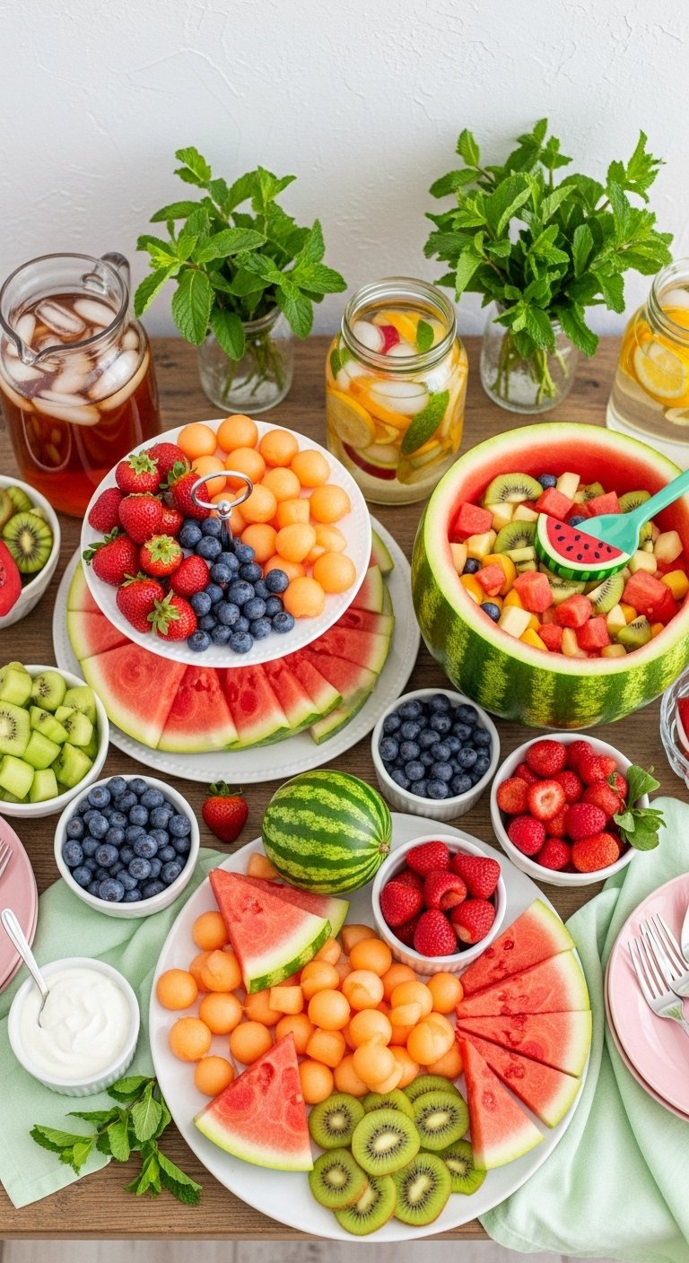 Refreshing Fruit Bar Display With Watermelon Slices, Melon Balls, And Summer Fruits On Tiered Platter.
