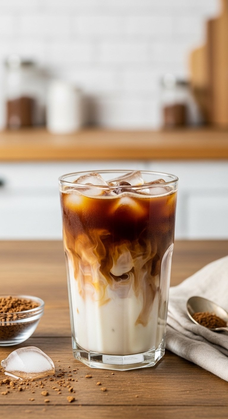 Refreshing Glass Of Instant Iced Coffee With Ice Cubes And Creamy Milk Swirl On A Rustic Wooden Table.