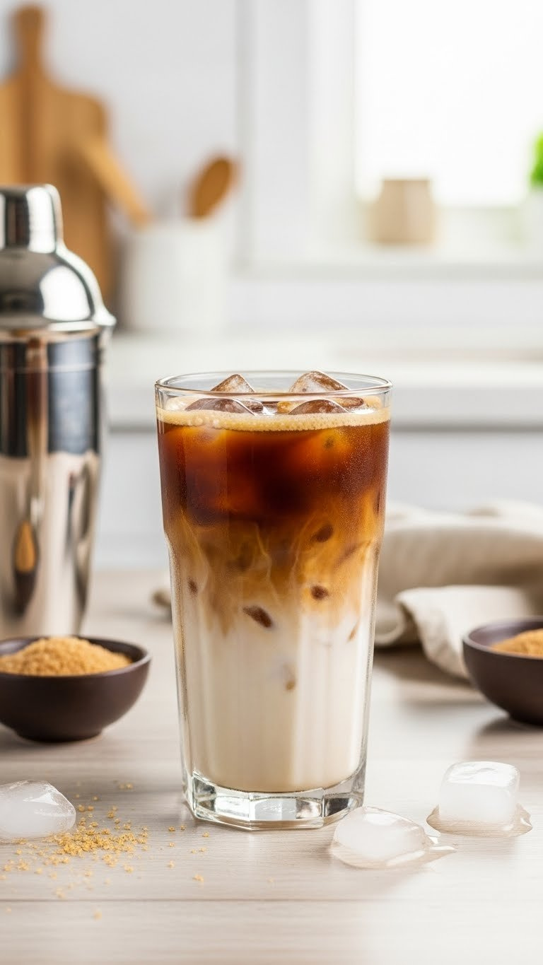 Refreshing Iced Brown Sugar Shaken Espresso In Tall Glass With Gradient Layers And Frothy Top On Light Wooden Table.